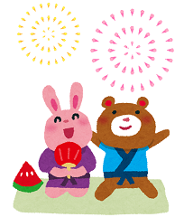 花火を見るクマとウサギ