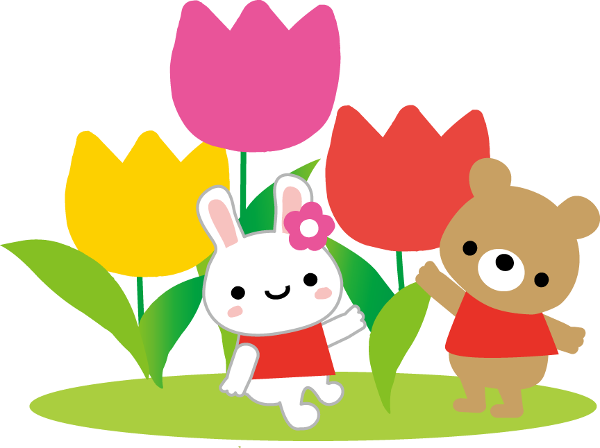チューリップとうさぎとくまのイラスト