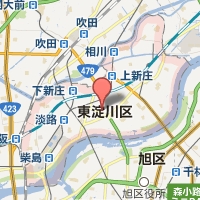 東淀川区の範囲が赤く示された東淀川区役所周辺の地図